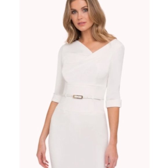 Sz 10 Black Halo CLASSIC 3/4 SLEEVE JACKIE O SHEATH DRESS Ivory White - Picture 6 of 11